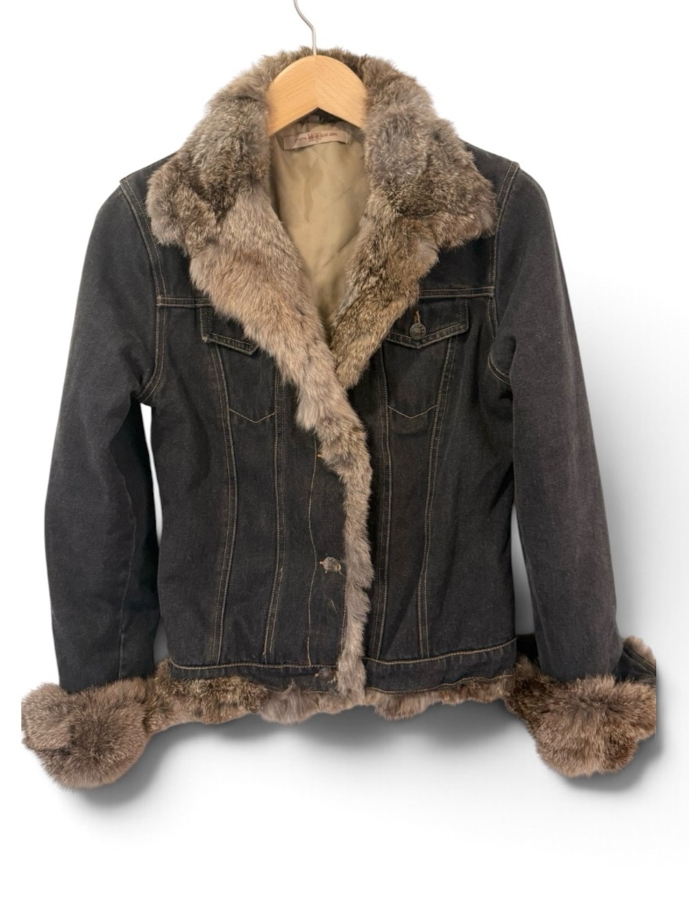 Mojo Y2K Rabbit Fur Trim Denim Jean Jacket Cropped Trucker Western Size XL